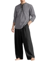 Detail of grey Henley neck linen shirt and black wide-leg trousers showing fabric texture - Grey + Black