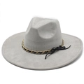 Detail of light gray suede fedora featuring a gold chain and black leather bow band decoration - Light Gray