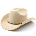 Détail du chapeau de cowboy en daim beige avec bande perlée bohème et touches de turquoise - M (56-58cm) / Chameau Clair