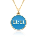 Macro detail of 18K gold-plated O-chain with blue enamel 11:11 wish pendant charm - Light Blue (B007)