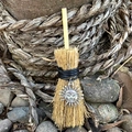 Mini witch broom car pendant with straw handle and silver sun face metal charm - Sun Smile Silver