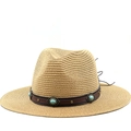 Sombrero Fedora de paja transpirable con banda de cuero bohemia y turquesa para el sol - M (56-58cm) / Caqui