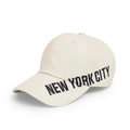Detailed close-up of 3D New York City embroidery on beige cotton baseball cap - Adjustable / Beige