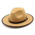 Detail of camel wool fedora hat featuring black brim edging and silver buckle belt - M (56-58cm) / Camel