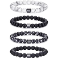 Set of four 8mm natural stone bracelets with white pine, lava, and matte black beads - 4Pcs Howlite+Matte+Snowflake+Lava Set