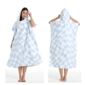 Quick-dry hooded beach poncho featuring a light blue twisted checkerboard pattern design - One Size / Button Style - Light Blue Plaid