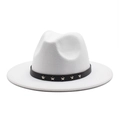 White wool fedora hat with black decorative band and silver star studs in front view - M(56-58cm) / White