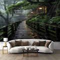 Dettaglio dell'arazzo foresta misteriosa appeso dietro un divano bianco in una stanza - 300x230cm / Mistero della foresta fantastica