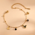 Elegante bracciale dorato con farfalle e perline nere, chiusura a moschettone e catenina - Stile Farfalla Dorata (I515)