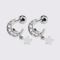 Silver crescent moon and star stud earrings with pave set sparkling cubic zirconia stones - Silver Moon Dangle Star