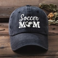 Detailed white Soccer MOM embroidery with heart football on washed black denim cap - Black