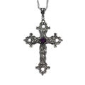 Detail of silver gothic cross pendant with purple gemstone and floral engravings - Silver Carved Cross - Purple Gemstone(AQ-4332)