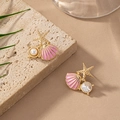 Starfish and pink enamel seashell earrings with pearls and zircon on stone - YLC-ES-320 Pink Large