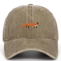 Close-up of red fox embroidery on khaki washed cotton vintage baseball cap - Khaki