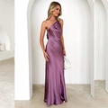 Elegant deep purple satin one-shoulder maxi dress with a slim fit and open back detail - Purple
