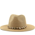 Handmade western cowboy straw hat with shell decoration for beach sun protection - M (56-58cm) / Khaki