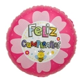Round pink Feliz Cumpleaños foil balloon with cute bees and floral design for parties - Round Spanish Bee Birthday (Pink)