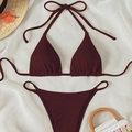 Burgundy ribbed halter bikini set with tie strings and high cut bottom on summer background - Burgundy