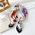 Silk feel square scarf with purple bear cartoon print and black white striped border - Pet Girl / 70x70cm