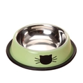 Light green stainless steel cat bowl with non-slip rubber base and cute cat face print - Green