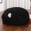 Elegant French wool beret with black mesh veil, large bow accent and white pearls - M (56-58cm) / Black