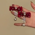 Christmas snowflake earrings with burgundy ribbon bow and white hanging pearl - 925 Sterling Silver Earring Post - Silver - Red / 58# Silver Red Bow Pearl