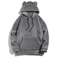 Grey fleece hoodie with bear ears and black drawstrings in a soft plush texture - Gray