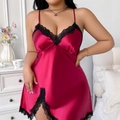 Burgundy silk satin nightgown with black lace trim and V-neckline in a loose fit - 3XL / Burgundy