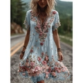 Light blue V-neck boho dress featuring 3D pink floral embroidery and lace texture details - S / Light Blue 3D Embroidery (SJWJL-VDQ-03)