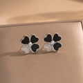 Elegant silver four-leaf clover stud earrings with black enamel and sparkling zircon stones - Silver Black Shell Clover Studs (238)