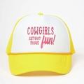 Yellow and white trucker hat with pink Cowgirls print and adjustable mesh back for outdoors - One Size / Yellow