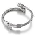 Silver stainless steel cable wire open bangle featuring a centered cross motif design - Steel Color (Silver)