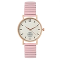Women's pink quartz watch with rose gold case and elastic metal band on white background - Pink