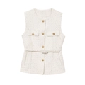 Elegant tweed vest for women with golden buttons and matching waist belt in ivory beige - S / White