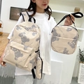 Three-piece beige canvas school backpack set with grey cartoon bear patterns and lunch bag - Beige Cartoon Bear (22)