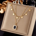 Gold double-layered necklace with star charms and blue square gemstone pendant - Square Blue Gemstone Star Double Layer Style (N1918)