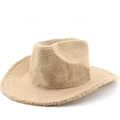 Classic camel sherpa cowboy hat for outdoor parties with thick faux shearling texture - M (56-58cm) / Camel