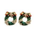 Sparkling Christmas wreath stud earrings with green enamel and crystal bow accents - Christmas Wreath