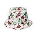 White bucket hat with colorful ladybug prints and green leaf patterns on canvas fabric - Ladybug Print (Q)