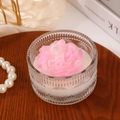 Pink rose shaped scented candle in relief glass jar on vintage wooden tray - Pink Peony Shape