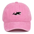 Washed pink cotton baseball cap with embroidered orca on a white background - Orca Embroidery Style / Pink
