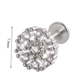 Piercing labret argenté avec fleur en cristaux transparents et base plate ronde - Grappe de Fleurs / Acier Inoxydable 1.2*6mm