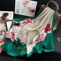 Elegant 70cm silk-like scarf with pink lotus print draped over a beige leather handbag - One Size / Beige (FJ857-3)