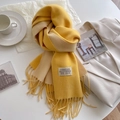 Double-sided yellow and beige cashmere-like scarf with fringe and brand label - 200x68cm / Yellow