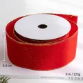 Cinta de terciopelo rojo navideño con bordes dorados ondulados y brillo, 6.3cm x 9m - 10 Yardas (aprox. 9m) / Cinta de Terciopelo Rojo