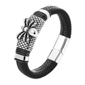 Detail of black braided leather bracelet with silver spider charm and magnetic clasp - Spider