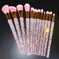 Detail of 12 luxury makeup brushes with pink gradient bristles and rhinestone handles - 12pcs Set / Pink White AB Mixed Rhinestones