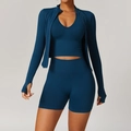 Conjunto de yoga de 3 piezas acanalado sin costuras azul oscuro con chaqueta, chaleco y shorts - S / Conjunto de 3 Piezas Azul