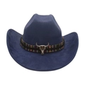 Premium Navyblauer Cowboyhut mit Ethno-Muster und silbernem Bullenschädel-Ornament - Marineblau