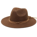 Detailed close-up of dark brown straw fedora featuring a leather cord and gold beads - Brown